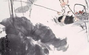 小儿垂钓国画