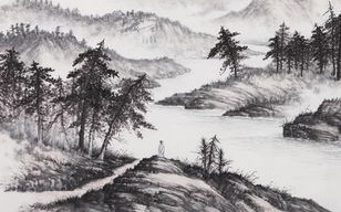 老翁钓鱼国画
