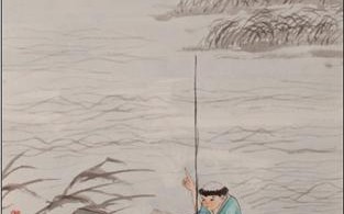 画中的老翁披着斗笠在什么中垂钓?